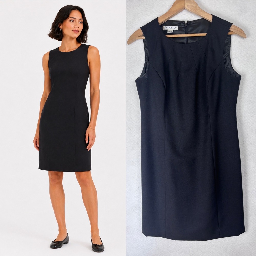 LBD Pendleton Virgin Wool Black Sleeveless Sheath Shift Dress USA Size 4 Career